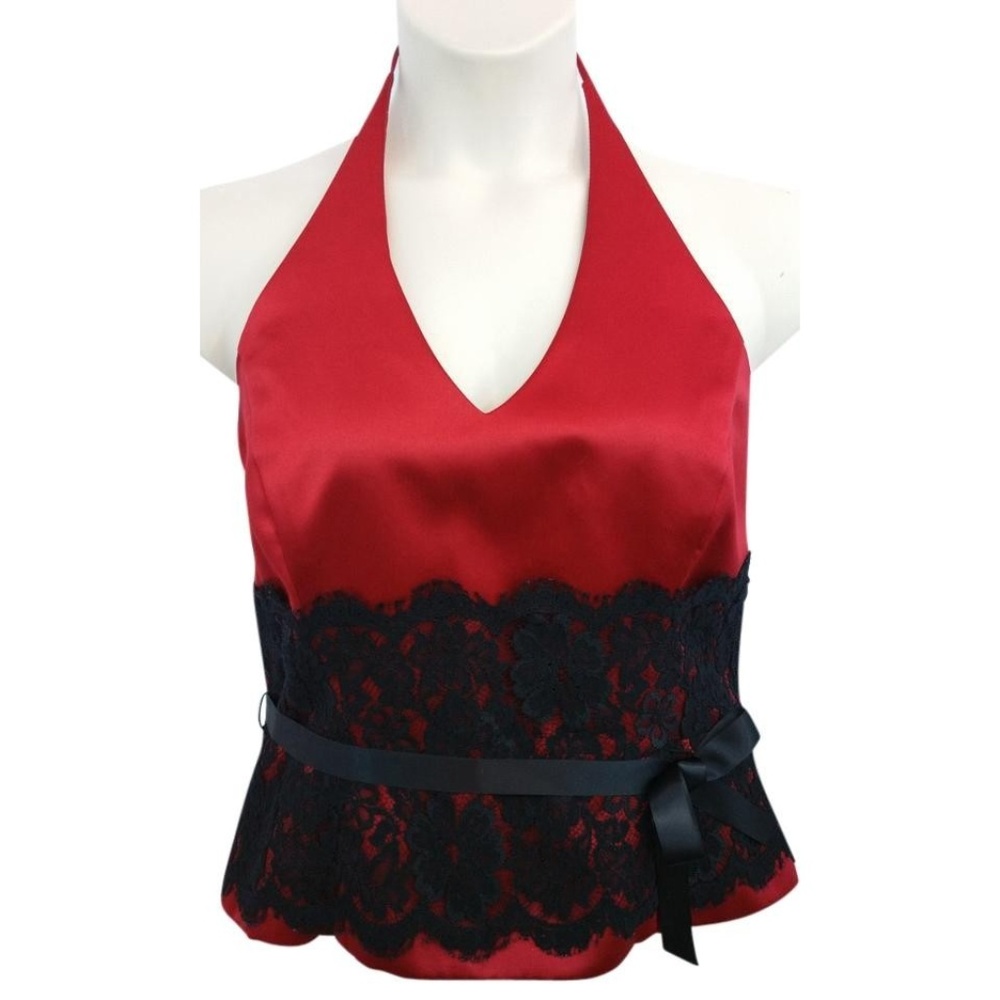 Xscape Y2k Black Lace Trim Halter Red Satin Top Blouse